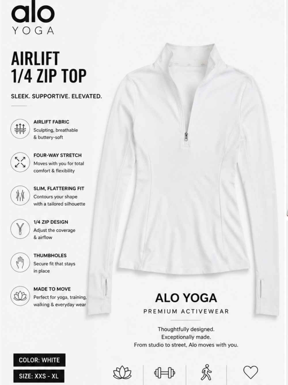 ALO Yoga White Airlift 1/4 Zip Top